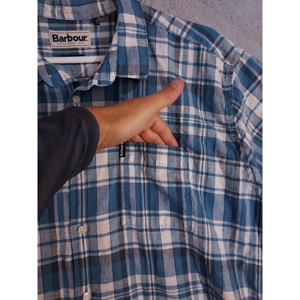Barbour Shirt Mens Large Blue Plaid Lightweight Cotton Regular Fit Designer L - Picture 5 of 9